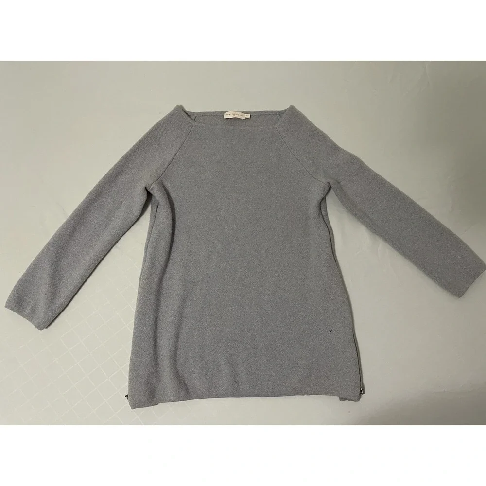 Tory Burch Women's M Rylie Sweater Tunic Gray Side Zip Merino Wool 3/4 Sleeve